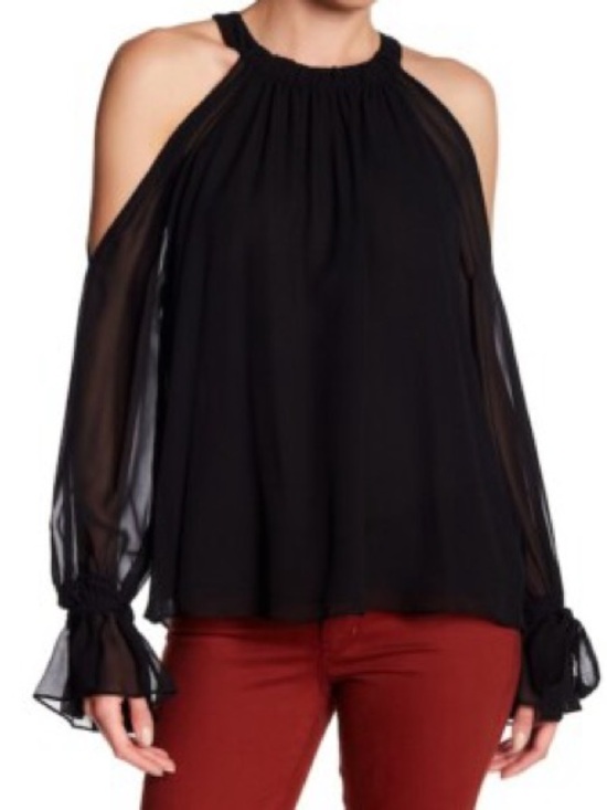 BCBGMaxAzria Tops - BCBGMaxAzria 100% Silk‎ Fatima Black Cold-Shoulder Sheer Sleeve Halter Large